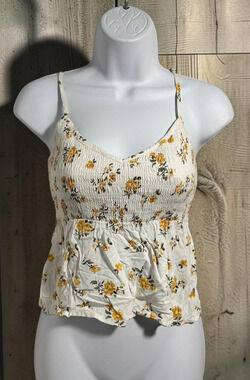Hollister Smocked Blouse Women's Sz Small Floral V-Neck Sleevless Top
